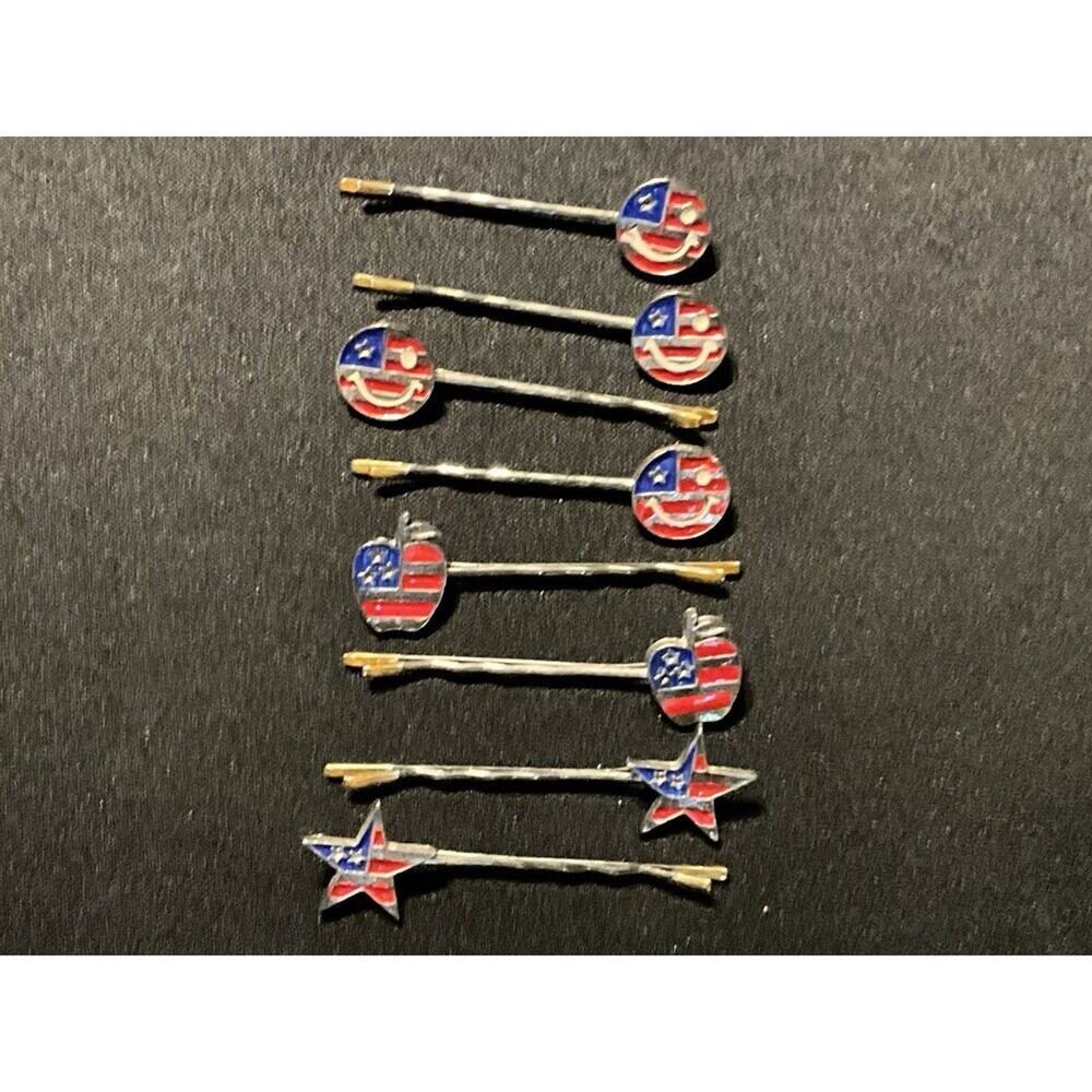 Vintage Set Of 8 American Patriotic Enamel Hair Pins